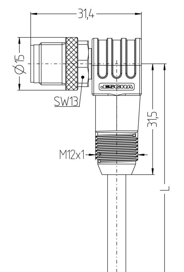 M12, Stecker, gewinkelt, 4-polig, mit Gewindegriffkörper, Sensor-/Aktorleitung