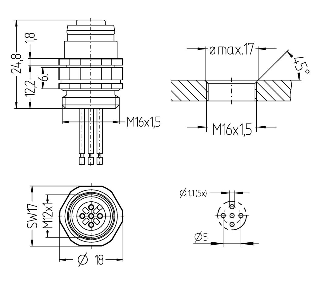 Receptacle, M12, female, straight, 5 poles, front wall-mounting, wire contact