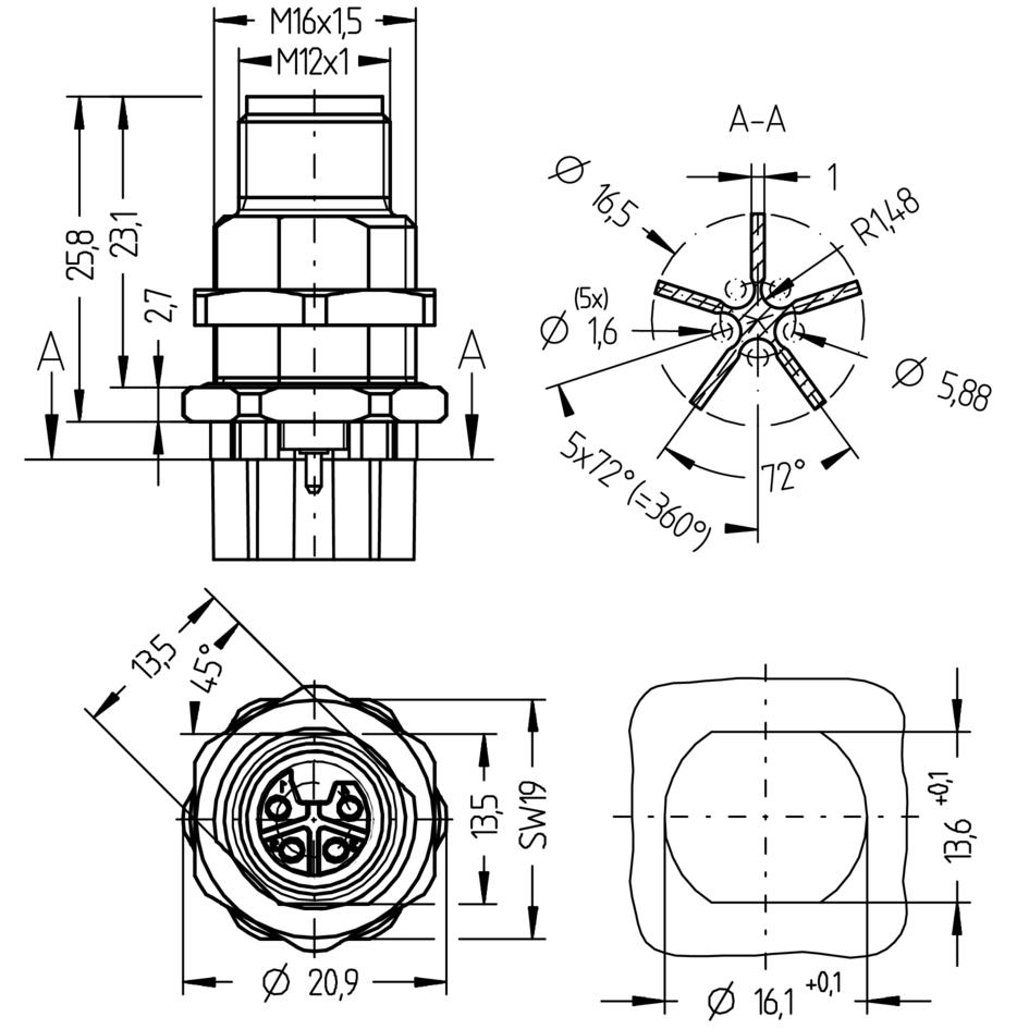Flansch, M12, Stecker, gerade, 4-polig, L-codiert, Hinterwandmontage, mit Isolierkreuz, Printanschluss, POWER