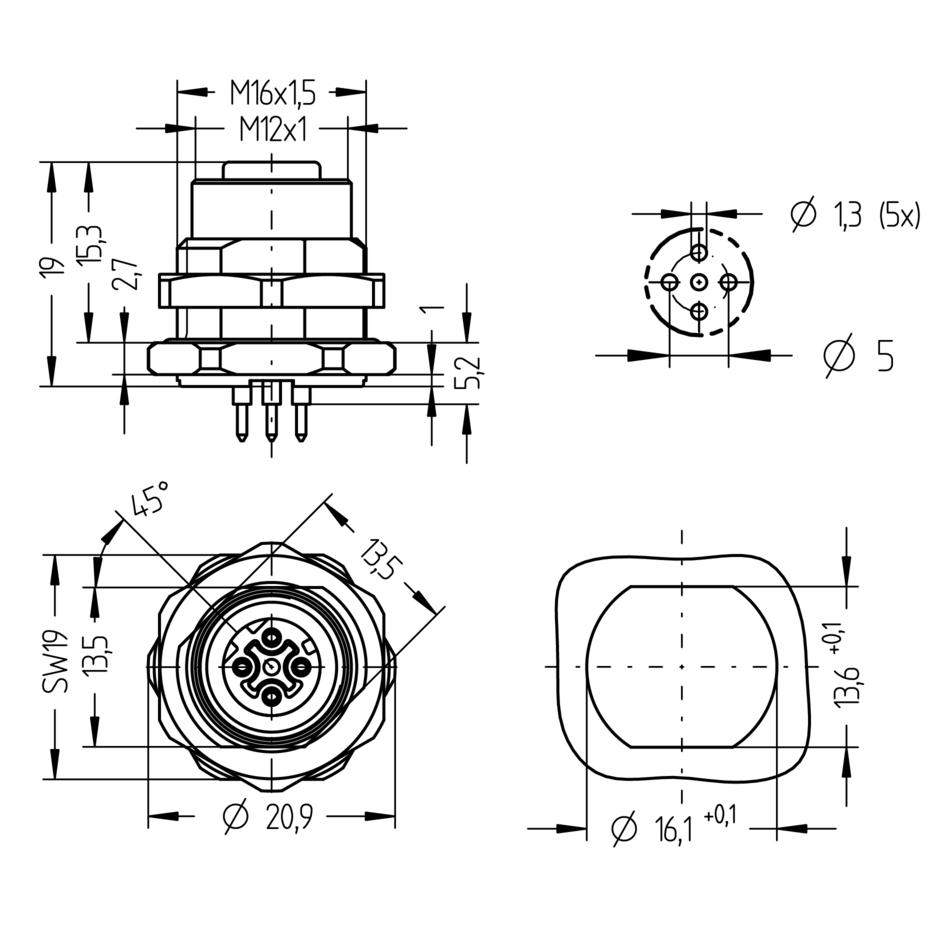 Receptacle, M12, female, straight, 4 poles, D-coded, back wall-mounting, print contact, Industrial Ethernet