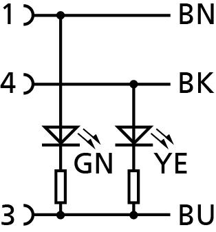 M12, 母头, 弯型, 3针脚, M12, 公头, 直型, 3针脚, 带LED, 传感器/执行器电缆