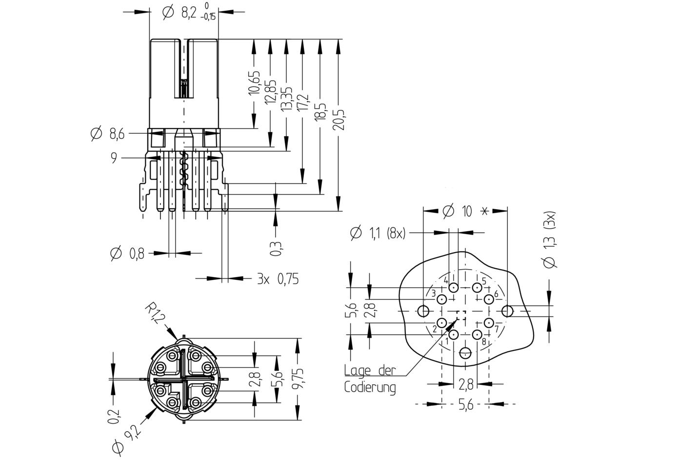 Flansch, M12, Buchse, gerade, 8-polig, X-codiert, Einbaukupplung, Printanschluss, geschirmt, Industrial Ethernet