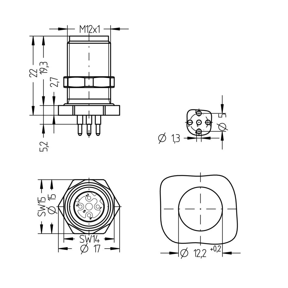 Receptacle, M12, male, straight, 4 poles, D-coded, back wall-mounting, print contact, Industrial Ethernet