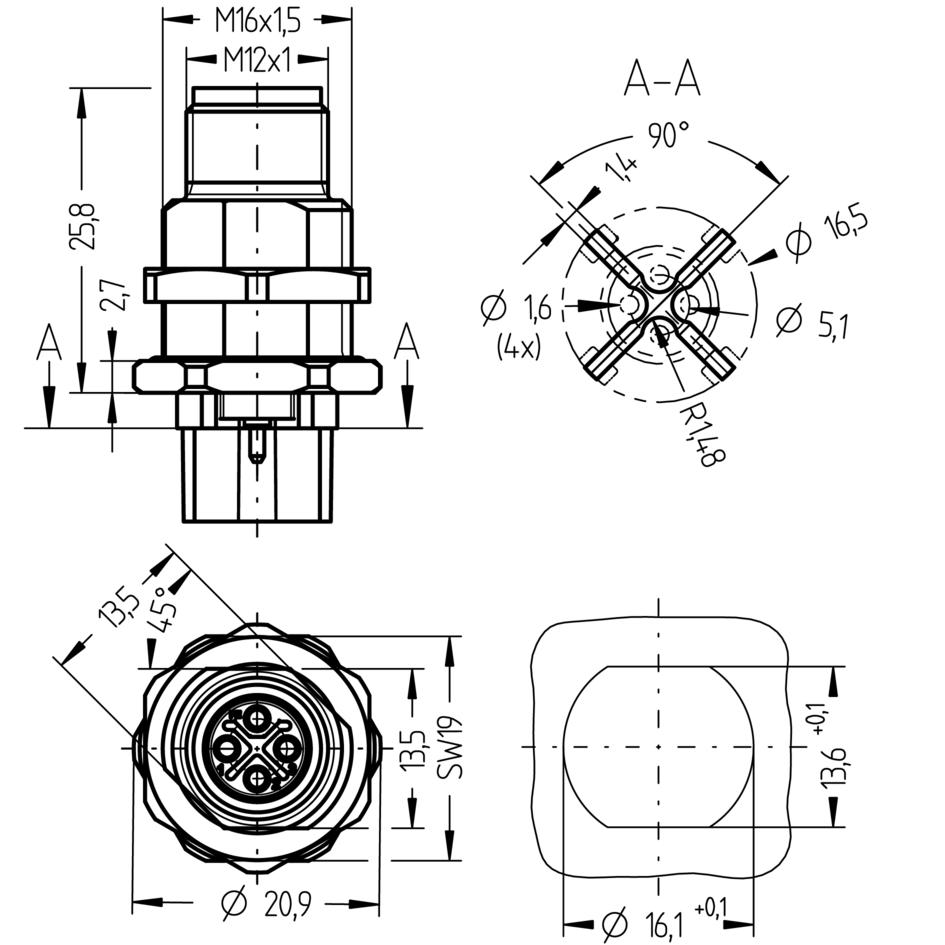 Flansch, M12, Stecker, gerade, 3+PE, S-codiert, Hinterwandmontage, mit Isolierkreuz, Printanschluss, POWER