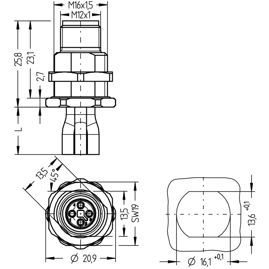 Receptacle, M12, male, straight, 4 poles, T-coded, back wall-mounting, wire contact, POWER