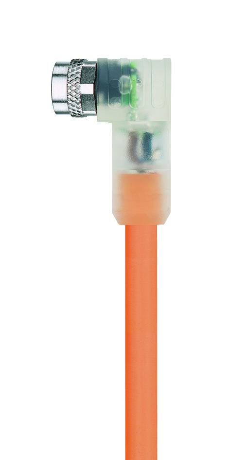 M8, female, angled, 3 poles, M12, male, straight, 3 poles, with LED, sensor-/actuator cable