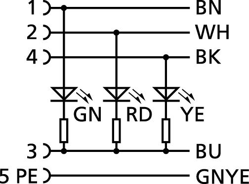 M12, Buchse, gewinkelt, 4+PE, M12, Stecker, gerade, 4+PE, mit LED, Sensor-/Aktorleitung