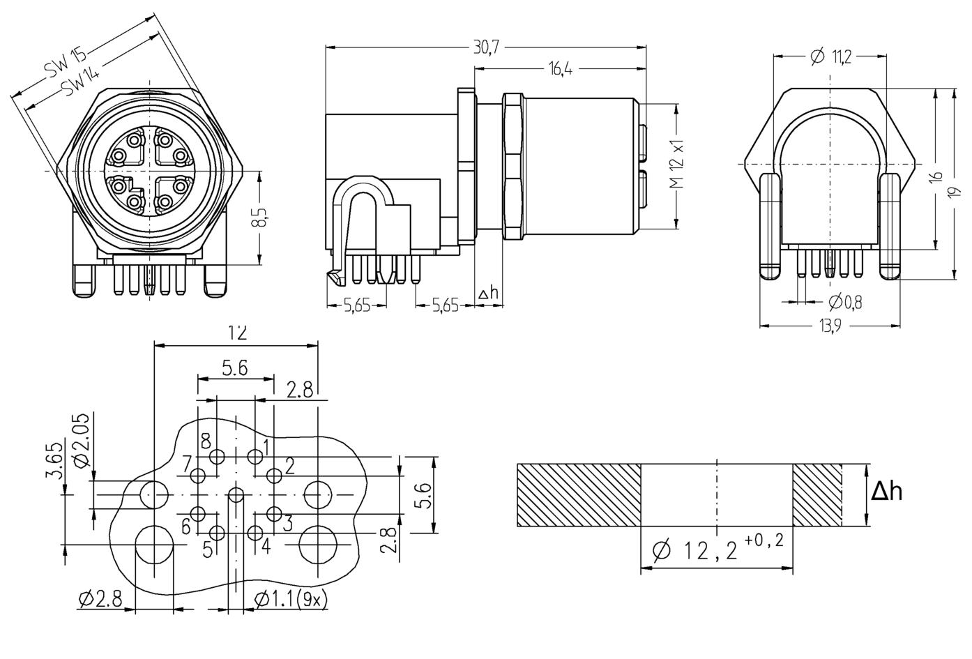 Receptacle, M12, female, angled, 8 poles, X-coded, back wall-mounting, print contact, shielded, Industrial Ethernet