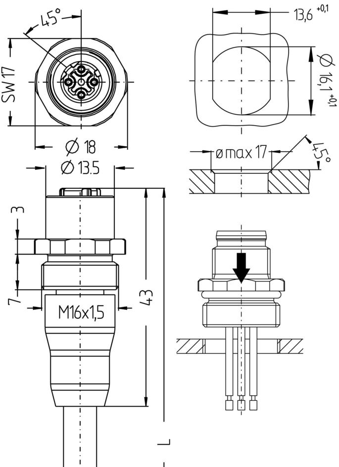 Flansch Anschlussleitung, M12, Buchse, gerade, 4-polig, D-codiert, Vorderwandmontage, geschirmt, Industrial Ethernet