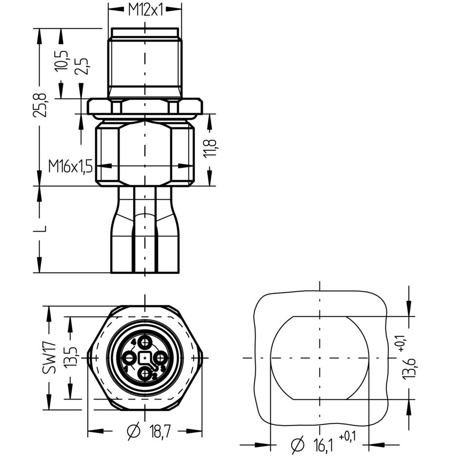 Receptacle, M12, male, straight, 4 poles, T-coded, front wall-mounting, wire contact, POWER