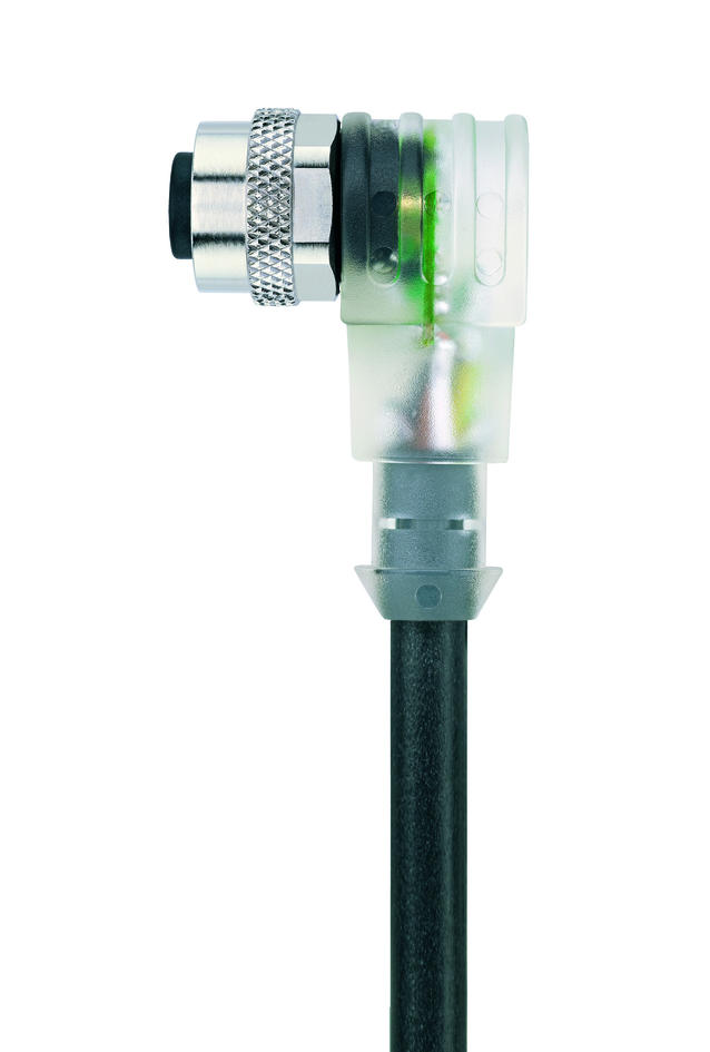 M12, female, angled, 3 poles, with LED, sensor-/actuator cable