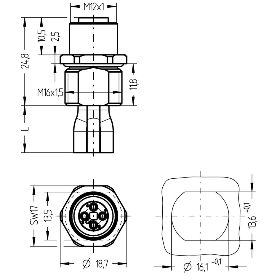 Receptacle, M12, female, straight, 4 poles, T-coded, front wall-mounting, wire contact, POWER