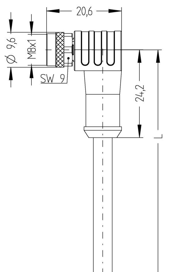 M8, 母头, 弯型, 5针脚, M8, 公头, 直型, 5针脚, 屏蔽, 传感器/执行器电缆