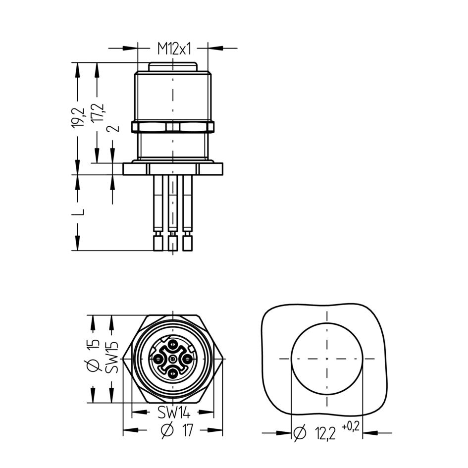 Receptacle, M12, female, straight, 4 poles, D-coded, back wall-mounting, wire contact, Industrial Ethernet