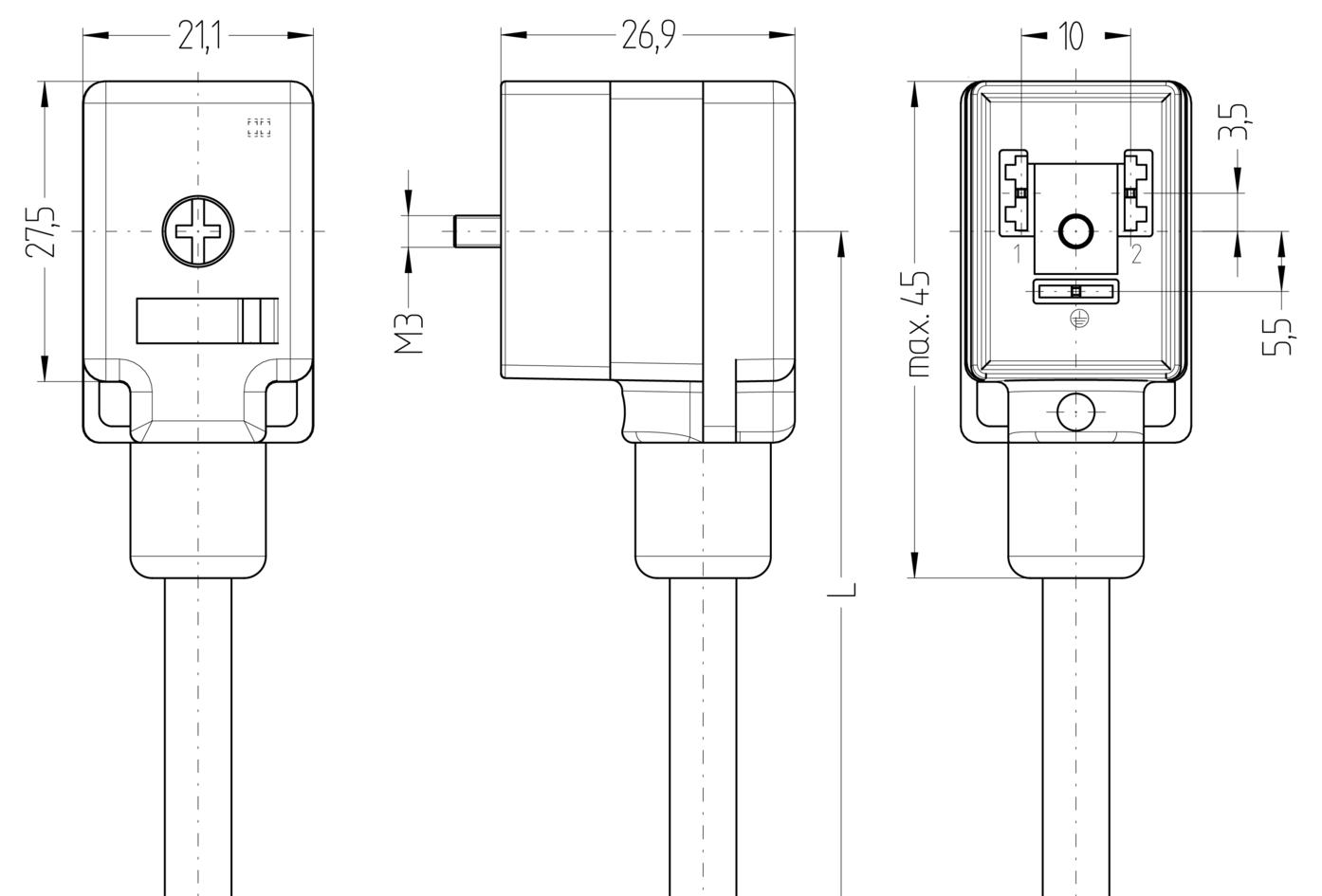 Valve connector, housing style B, 2+PE, M12, male, straight, 4+PE, suppressor diode