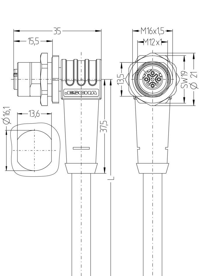 Receptacle Single-ended cordset, M12, female, angled, 4 poles, D-coded, back wall-mounting, shielded, Industrial Ethernet