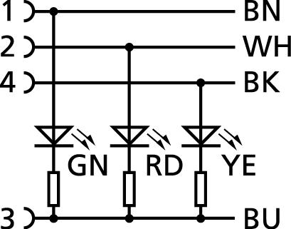 M8, 母头, 弯型, 4针脚, M12, 公头, 直型, 4针脚, 带LED, 传感器/执行器电缆