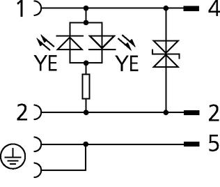 Valve connector, housing style A, 2+PE bridged, M12, male, straight, 4+PE, suppressor diode