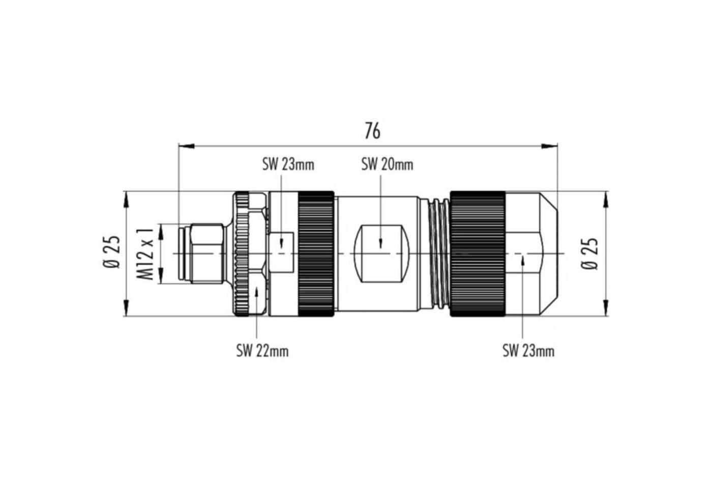 现场接线, M12, 公头, 直型, 4+FE, L-编码, 螺丝夹紧连接, 63V 16A