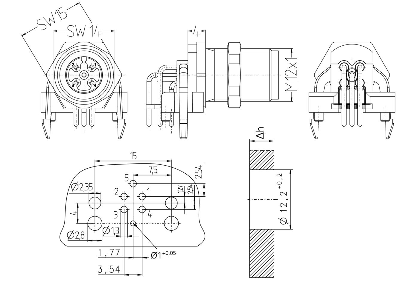 Receptacle, M12, male, angled, 4+PE, back wall-mounting, print contact