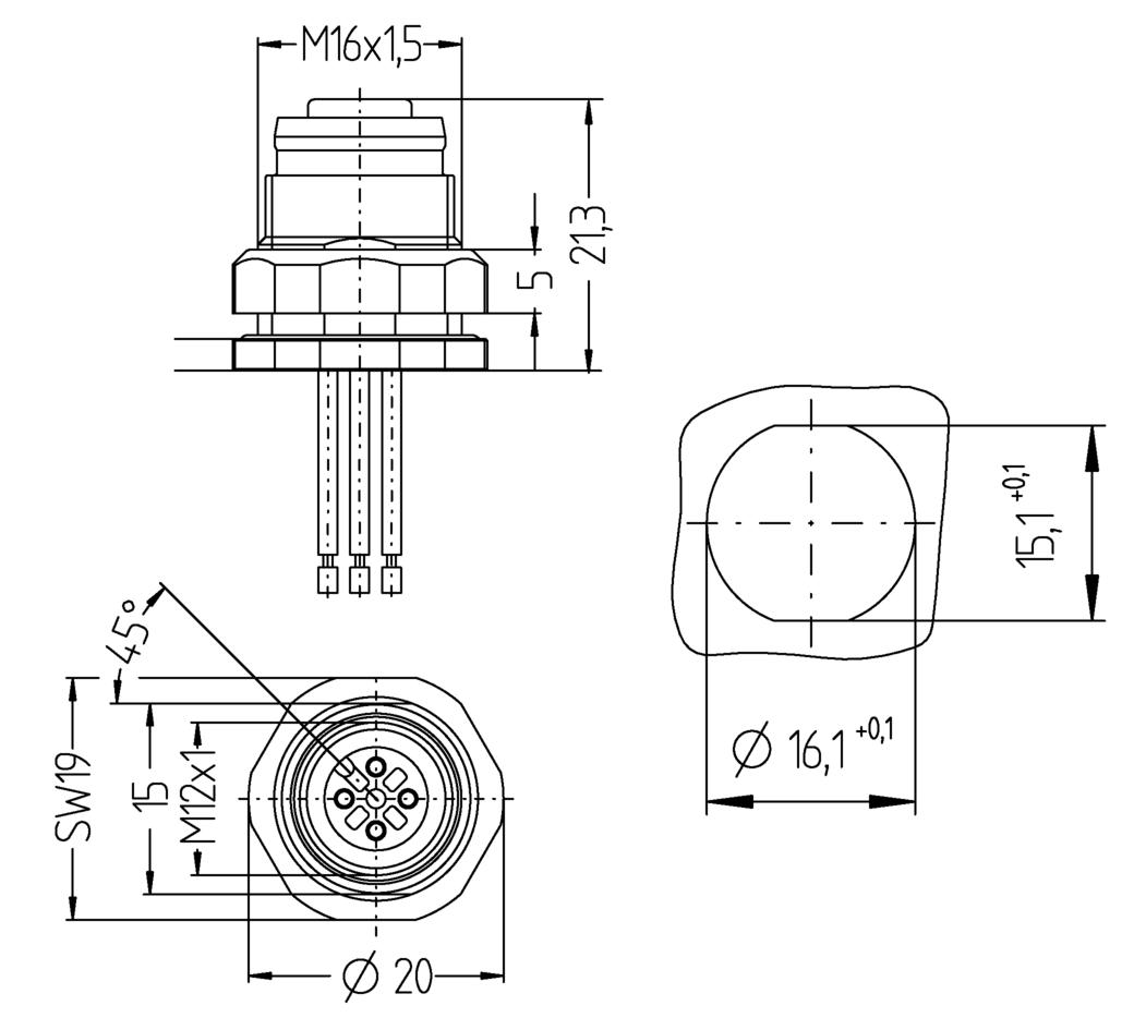 Receptacle, M12, female, straight, 12 poles, back wall-mounting, wire contact