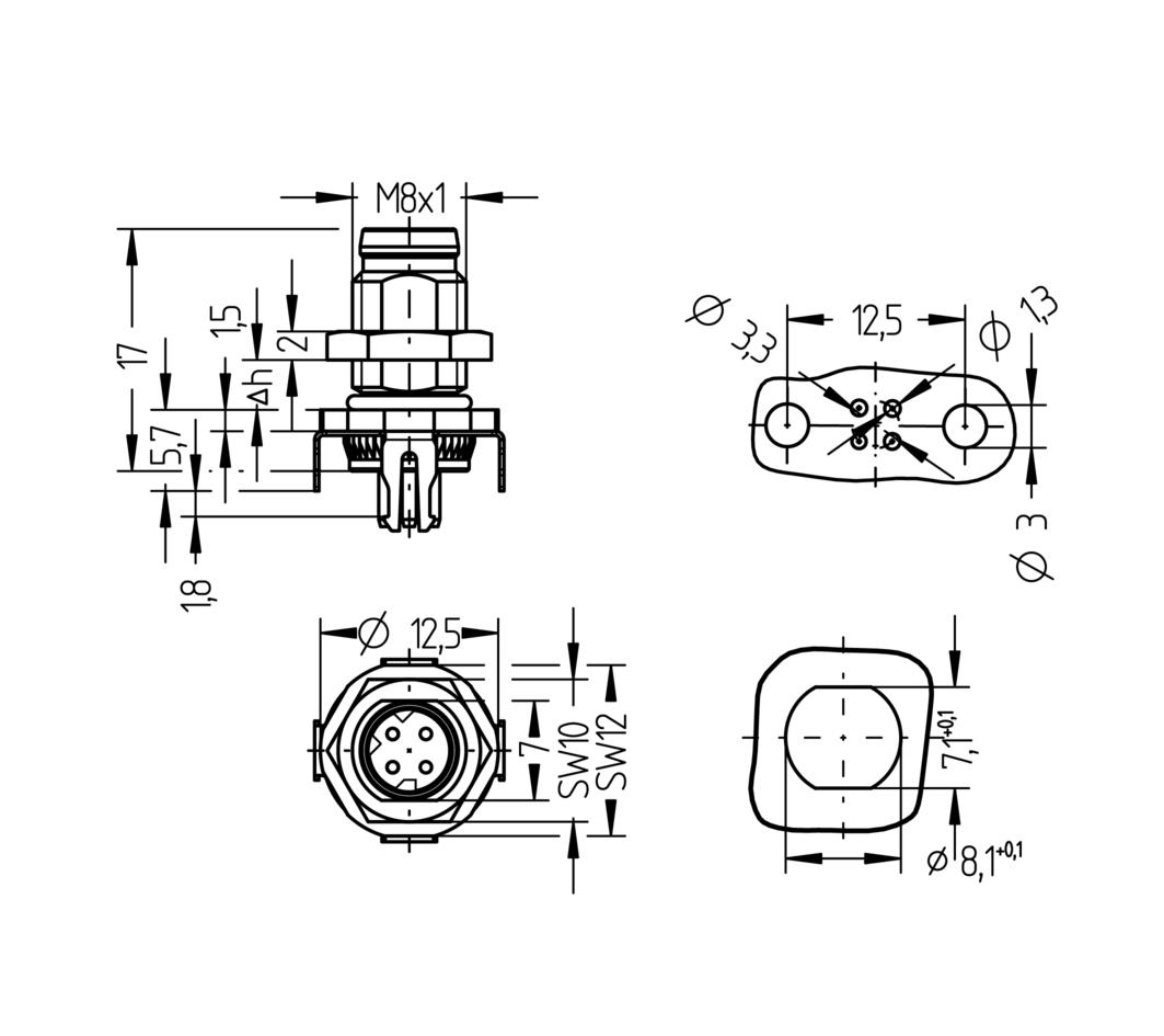 Receptacle, M8, male, straight, 4 poles, D-coded, back wall-mounting, print contact, shielded, Industrial Ethernet